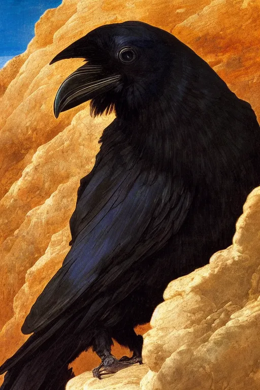 Image similar to a breathtakingly stunningly beautifully highly detailed extreme close up portrait of a raven under a rock arch, epic coves crashing waves plants, beautiful clear harmonious composition, dynamically shot, wonderful strikingly beautiful serene sunset, detailed organic textures, by frederic leighton and rosetti and turner and eugene von guerard, 4 k