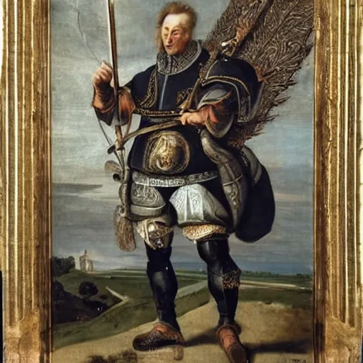 Prompt: donald trump, wearing knight ’ s armor, holding a spectacular broadsword, by annibale carracci, full body