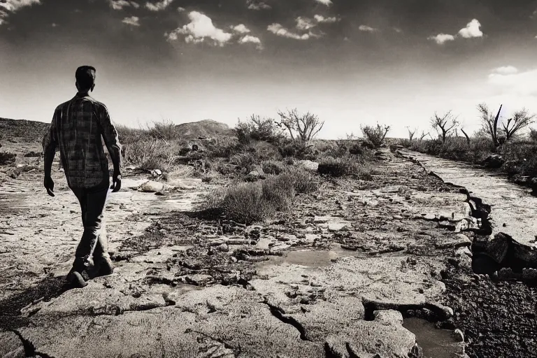 Prompt: photo of a man walking along a dry river bed with a rusty broken bridge, post apocalyptic, dystopian