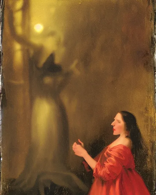 Image similar to a girl meeting the devil in the rain at night, baroque painting, delicate embellishments, painterly, offset printing technique, photographed on kodachrome by brom, robert henri, walter popp