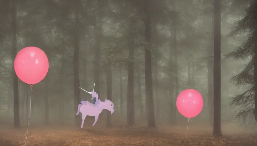 Image similar to A unicorn made out of balloons floats lonely through a dark foggy Forest, Digital Art, Photorealism, Hyper Realistic, Hyperdetailed, Movie Screenshot, iMAX Quality