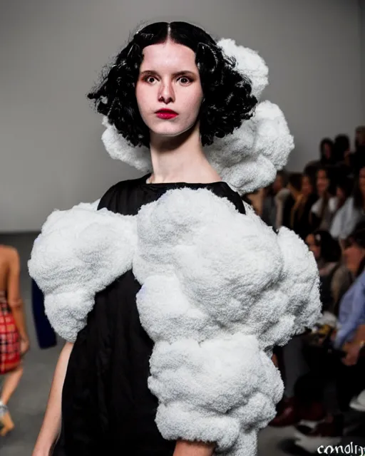 Prompt: olivia wearing an outfit made from clouds, at new york fashion week, lush black hair, average physique, freckled pale skin, kodak photo by steve mccurry, stage lighting, female beauty, intricate detail, risque fashion, elegance, 3 5 mm, depth of field, masterpiece