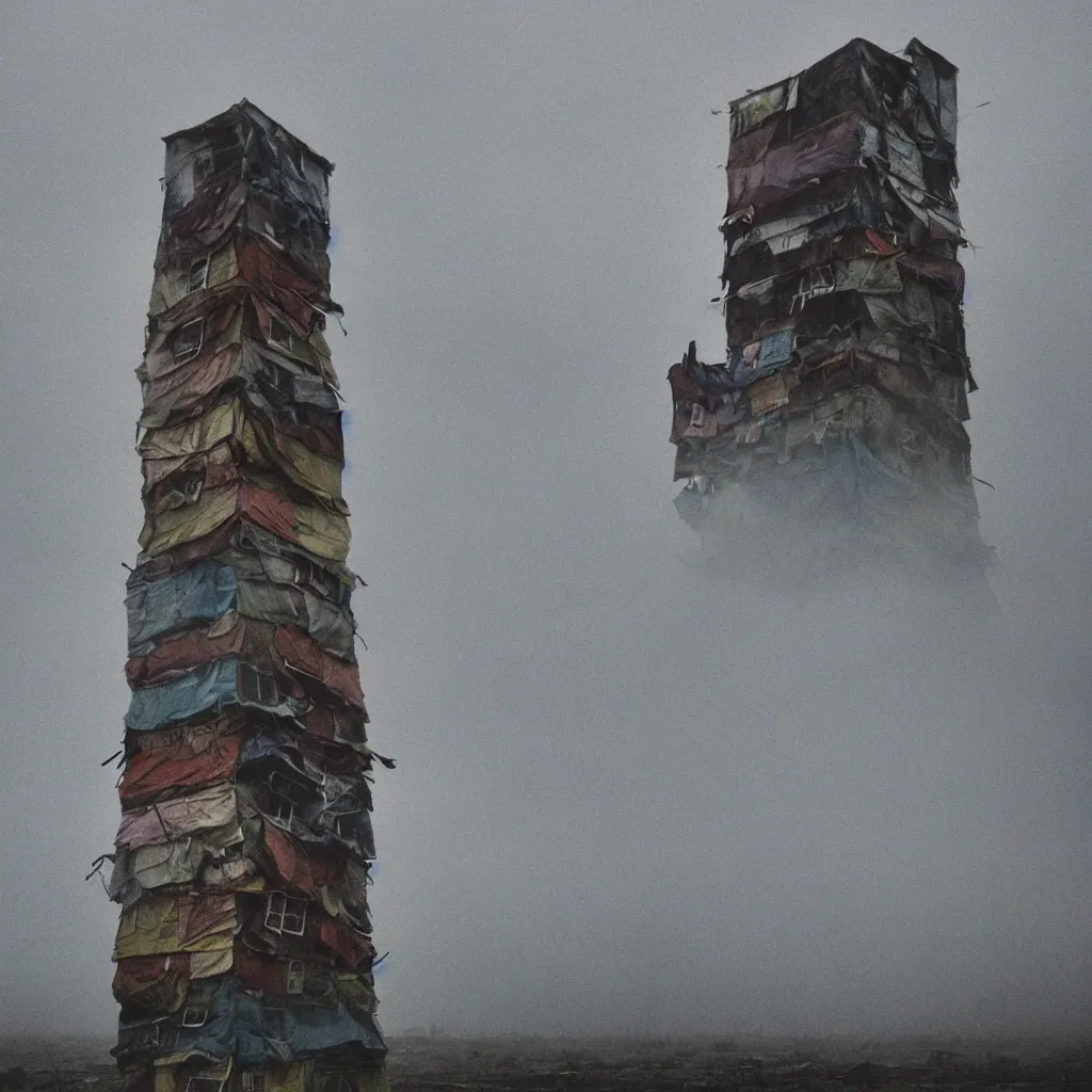 Image similar to close - up view of a tower made up of makeshift squatter shacks with faded colours, moody cloudy sky, uneven fog, dystopia, mamiya, f 1 1, fully frontal view, very detailed, photographed by jeanette hagglund