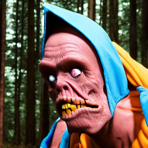 Image similar to uhd candid photo of cosmic beavis as cornholio in the forest, uhd, photorealistic, correct face, photo by annie leibowitz