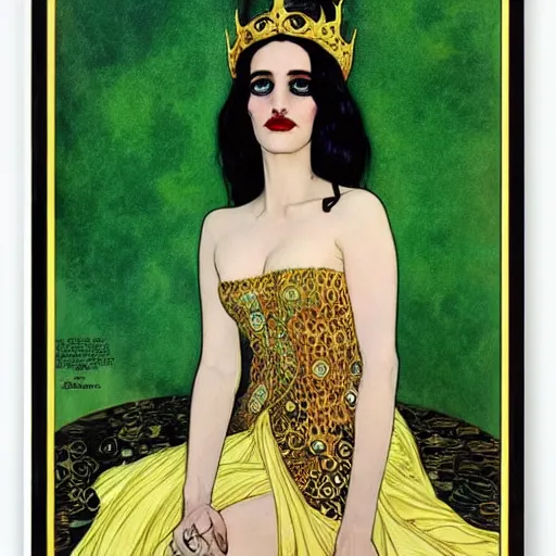 Prompt: portrait by joshua middleton of the young actress, eva green as queen of the emerald dead, vamp, elegant, decadent, stylised comic art, klimt, mucha, 1 9 7 0 s poster,