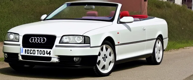 Prompt: Casablanca White Audi A4 B6 Avant Convertible (2002), red leather interior, with Nicholas White driving, created by Barclay Shaw