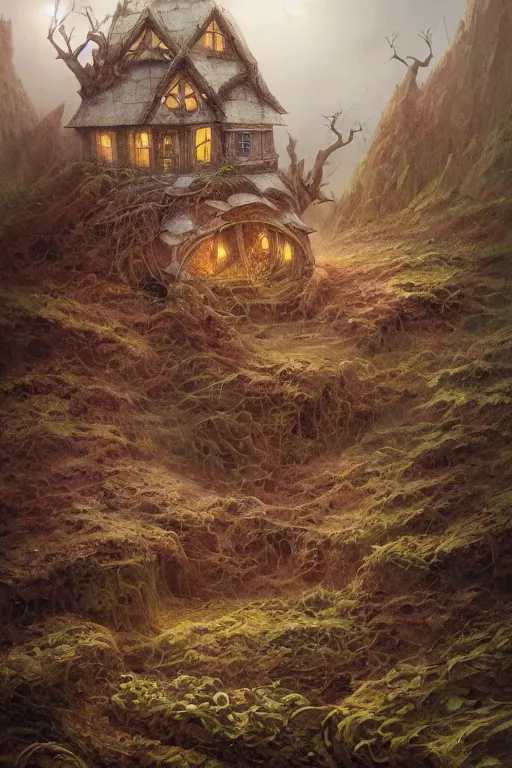 Image similar to wide angle view, a beautiful digital painting of a fairy house made of sand and driftwood on a beautiful coastline, tranquil day, magical, by greg rutkowski, brian froud, marc simonetti, jean - baptiste monge, symmetry, complementary colors, ink illustration, trending on artstation