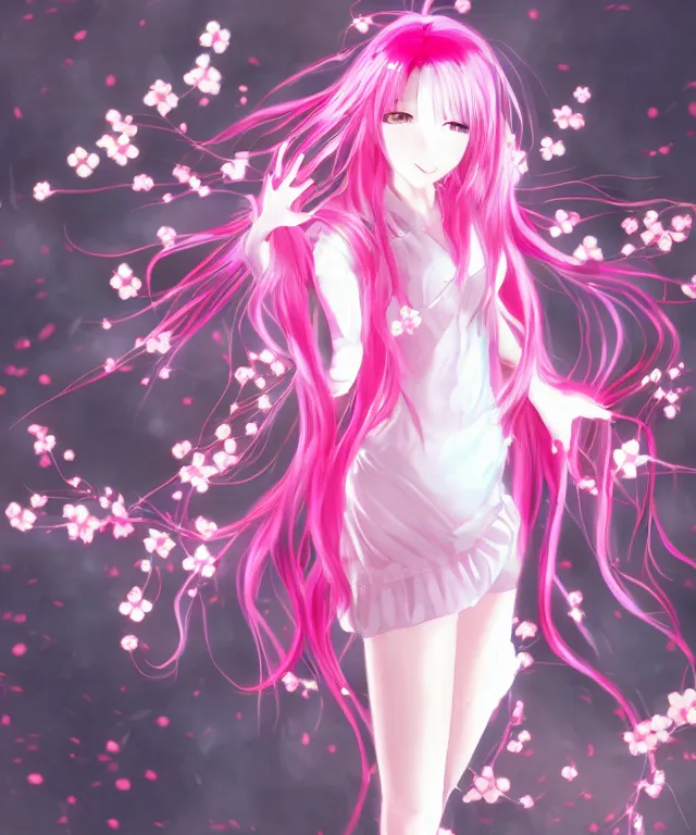 Image similar to anime girl with light pink hair with pink flames, video game, cherry blossoms, neo tokyo, symmetrical,