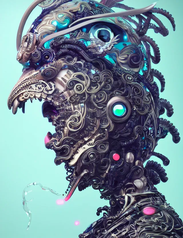 Image similar to 3 d goddess cyborg close - up profile portrait with ram skull. beautiful intricately detailed japanese crow kitsune mask and clasical japanese kimono. betta fish, jellyfish phoenix, bio luminescent, plasma, ice, water, wind, creature, artwork by tooth wu and wlop and beeple and greg rutkowski