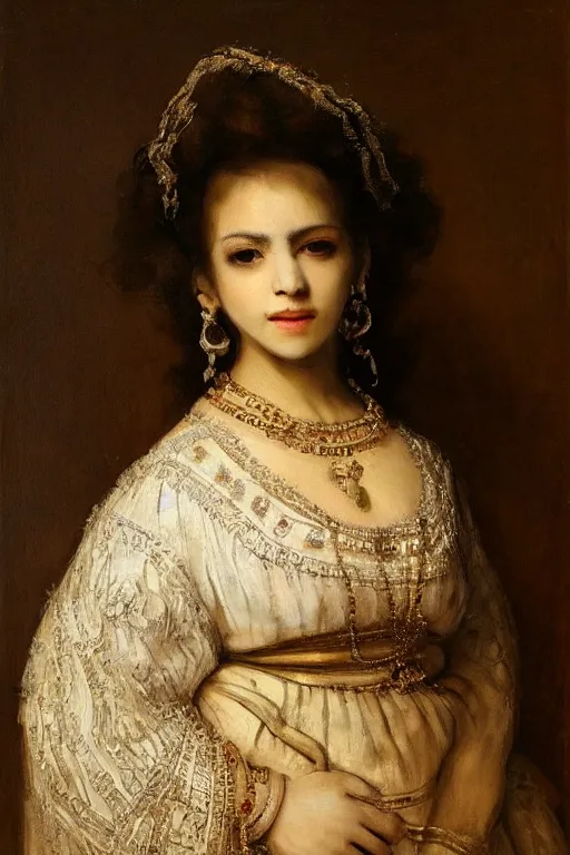 Prompt: beautiful iranian woman, light makeup, portrait by rembrandt. white silk dress.