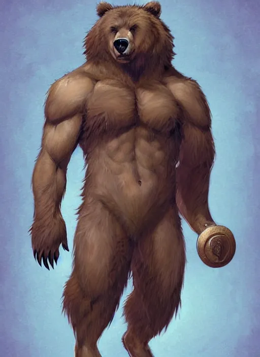 Prompt: award winning beautiful portrait commission art of a muscular male furry anthro grizzly bear fursona with a cute beautiful attractive detailed furry face wearing gym shorts and a tanktop. Character design by charlie bowater, ross tran, artgerm, and makoto shinkai, detailed, inked, western comic book art