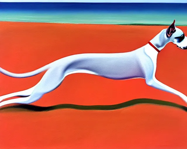 Image similar to close-up of a whippet running at beach, painting by david hockney, highly detailed