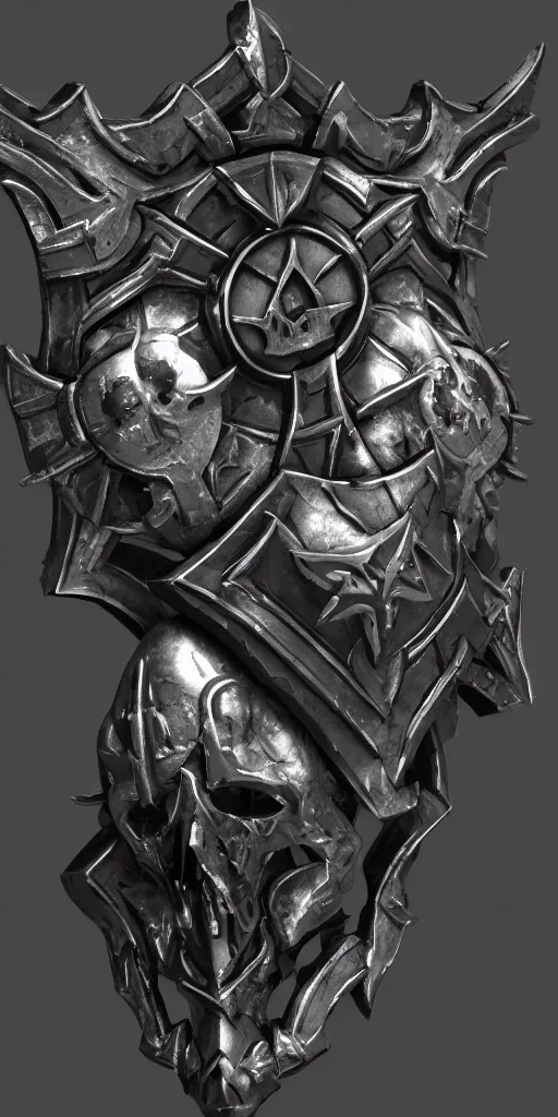 Image similar to a black and silver shield skull crest, ornament, weapon, a 3 d render by dom qwe, trending on polycount, artstation, hard surface modeling, zbrush, symmetry