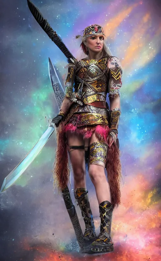 Image similar to a full shot photo of valkyrie, sword, colorful, goddess, caucasian, feminine, axe, realistic, 8 k, hdr, extremely detailed