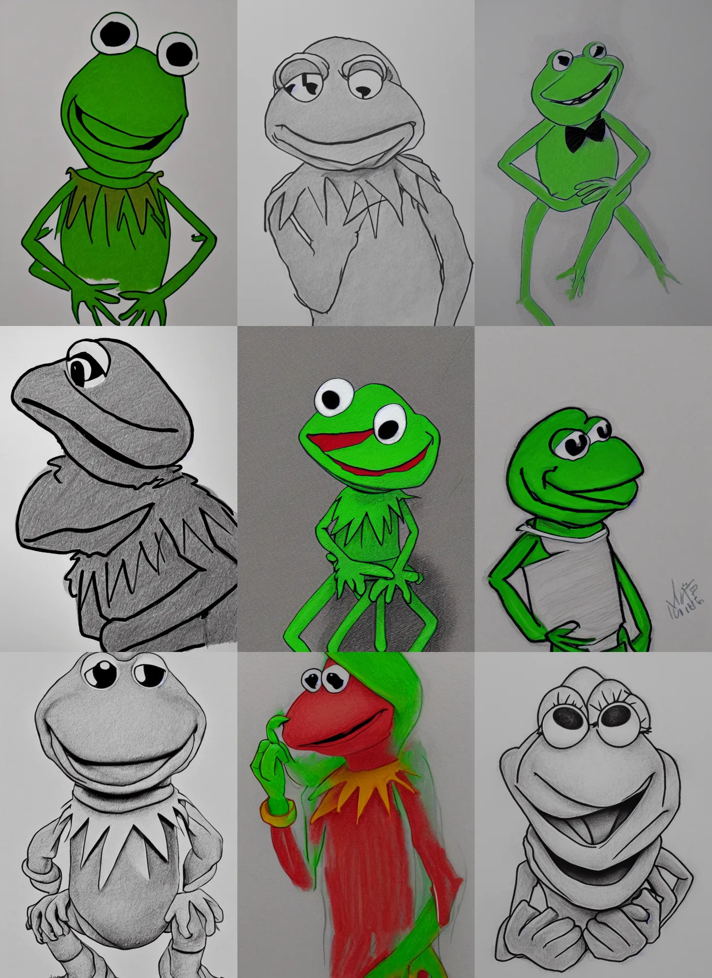 Prompt: a humanoid kermit the frog, line sketch on white paper