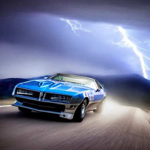 Prompt: pontiac firebird trans - am driving towards the camera, norway mountains, cinematic, volumetric lighting, foggy, wide shot, low angle, huge mountains, large lightning storm, thunder storm, tornado