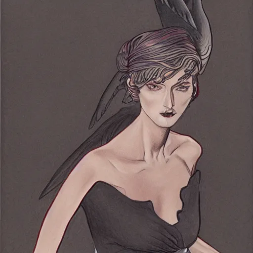 Prompt: drawing of a beautiful woman with black wings, by Moebius