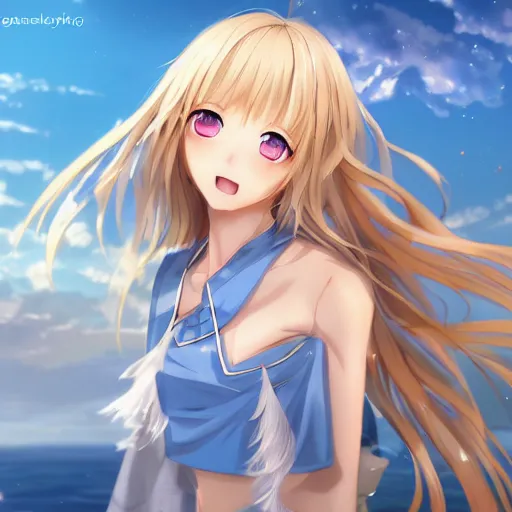 Image similar to a very beautiful anime cute girl, full body, long wavy blond hair, sky blue eyes, full round face, short smile, fancy top, miniskirt, front view, summer lake setting, cinematic lightning, medium shot, mid-shot, highly detailed, cinematic wallpaper by Stanley Artgerm Lau