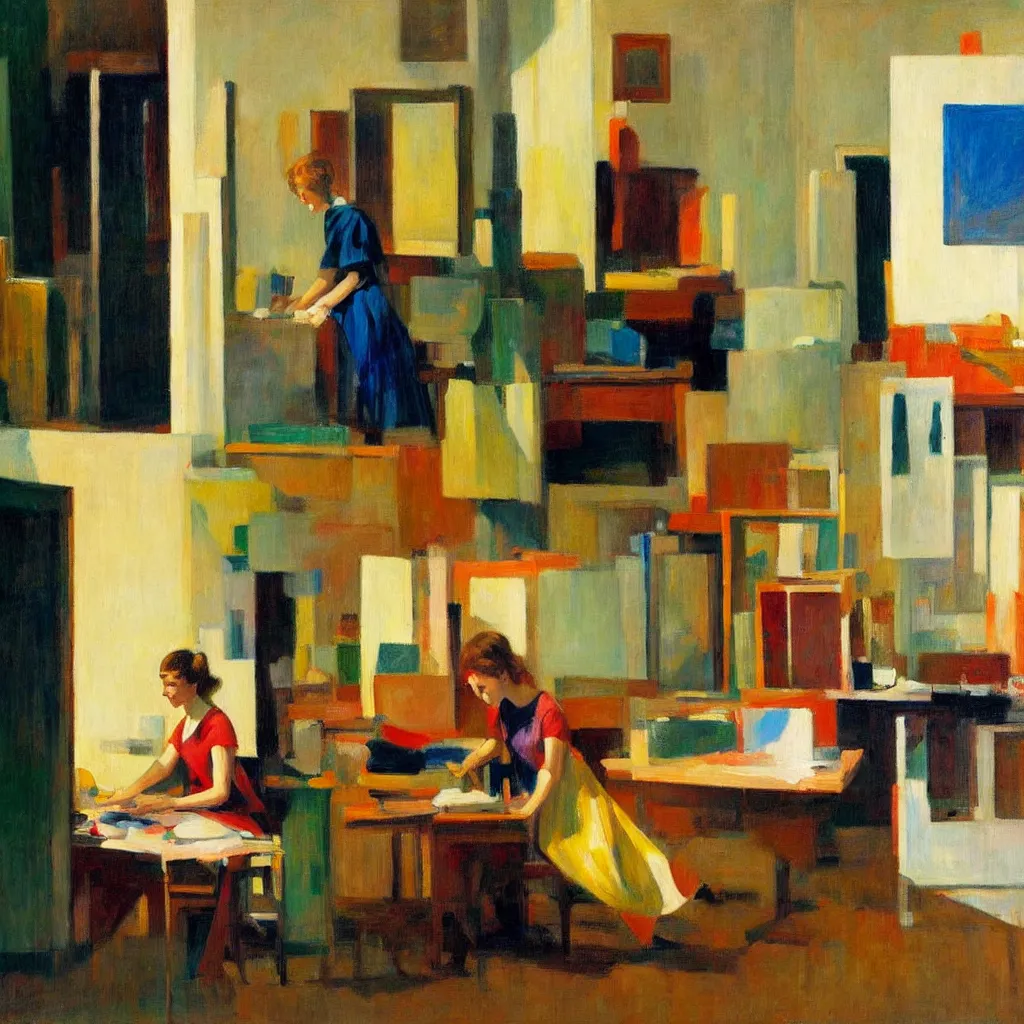 Image similar to painting of an artist, creating in her studio alone, in a huge eccentric studio filled with lots of incredible art, in the style of edward hopper