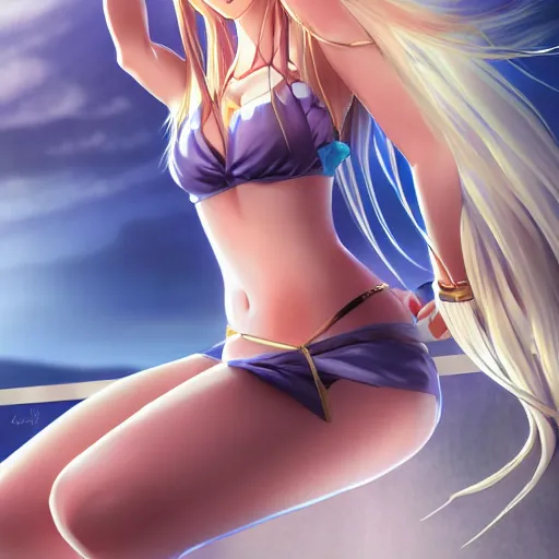 Prompt: a very beautiful young yuuki asuna, full body, long wavy blond hair, sky blue eyes, full round face,, shiny golden bikini, miniskirt, front shot, sitting in a dark prison cell, highly detailed, cinematic wallpaper by stanley artgerm lau