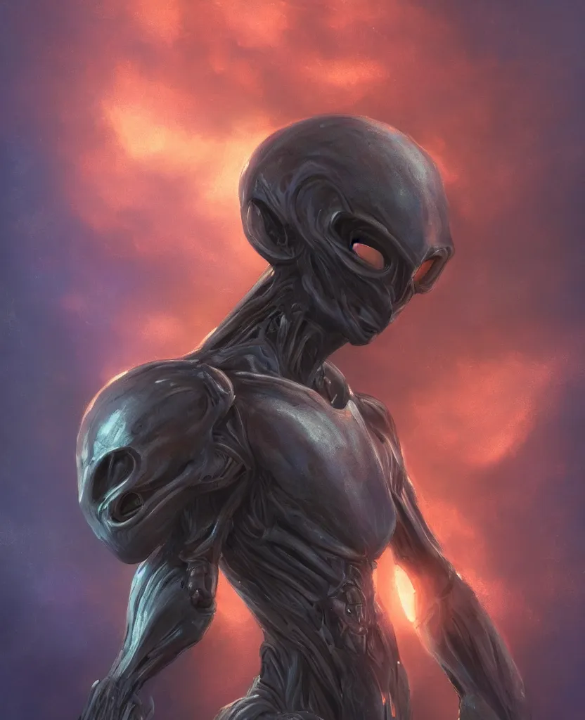 Image similar to a portrait of humanoid alien with a heroic pose, dramatic rim lighting