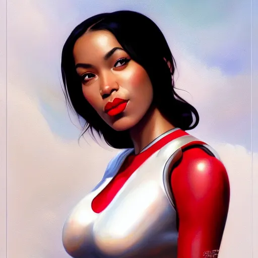 Image similar to a portrait of a very WOC beautiful woman in a spacesuit, brown eyes, shoulder-length black hair, red lips, bored, illustration, soft lighting, soft details, painting oil on canvas by mark arian by artgerm, trending on artstation, 4k, 8k, HD