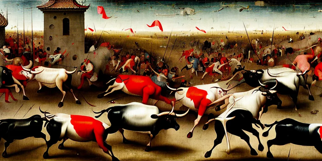 Image similar to the running of the bulls in pamplona, hundreds of people are fleeing from rampaging bulls in the city streets, art by hieronymus bosch, intricate, elegant, highly detailed, smooth, sharp focus, artstation