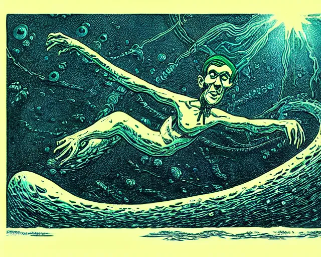 Image similar to h. p. lovecraft swimming in the ocean depths, cosmic horror painting, elegant intricate digital painting artstation concept art by basil wolverton by robert crumb by william eggleston detailed