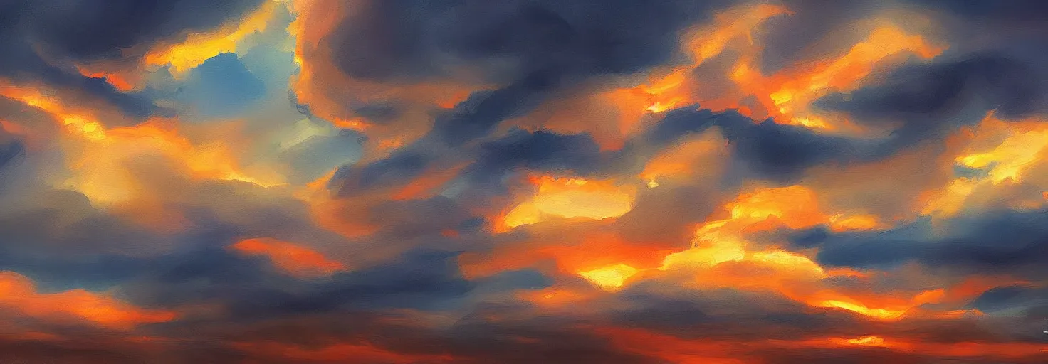 Prompt: epic clouds on sunset, higfly detailed, digital painting, dramatic light