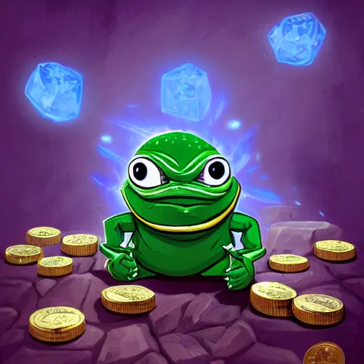 Image similar to super rich happy pepe, vault, coins, hyper detalied, blue crystals, greg rutkowski