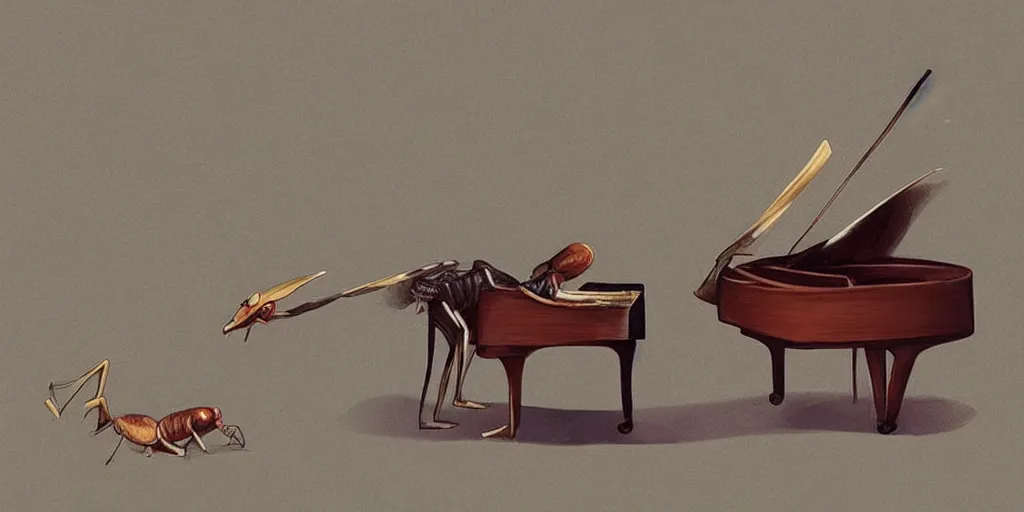 Image similar to a cricket playing a piano like a human, digital art, artstation