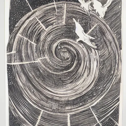 Prompt: an opened spiral with three flying birds, representing liberty, ink, black watercolour