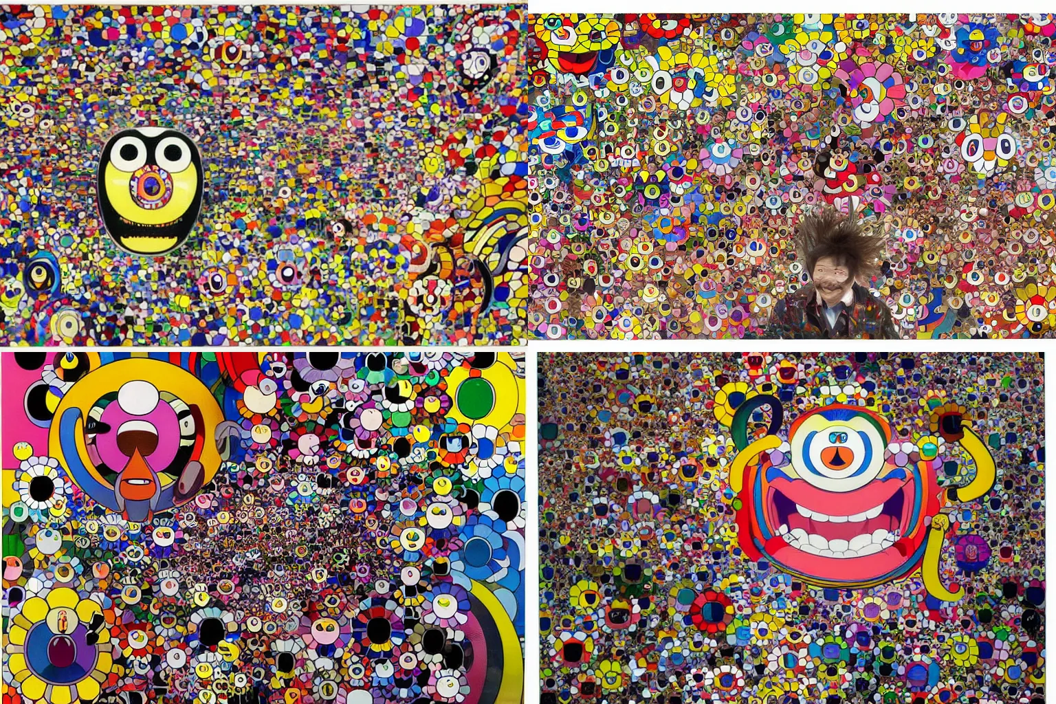 Prompt: a super dynamic portrait of Mr. DOB with large black smile, by takashi murakami, a collage of multicolor starbursts and biomorphic forms, vivid tentacles, a raving and chaotic creature, painterly spectacle of technical precision and cinematic bombast, virtually no peer or precedent, illustration