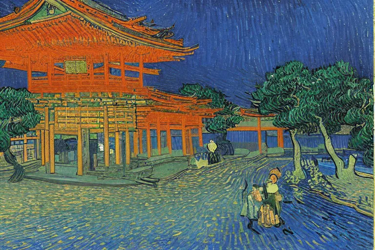 Prompt: japanese scenery in edo period, by vincent van gogh, high saturation, blue color scheme