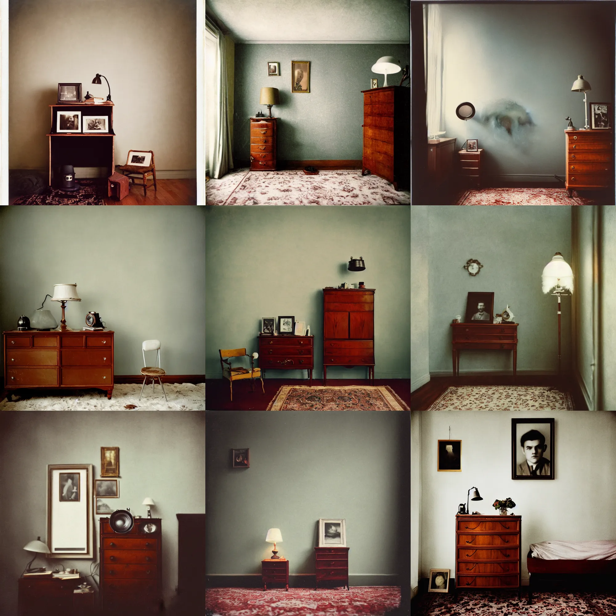 Prompt: kodak portra 4 0 0, wetplate, fisheye, award - winning portrait photo by britt marling, 1 9 2 0 s room, picture frames, a cloud, dust, 1 9 2 0 s furniture, wallpaper, carpet, shining lamp, muted colours, wood, fog,