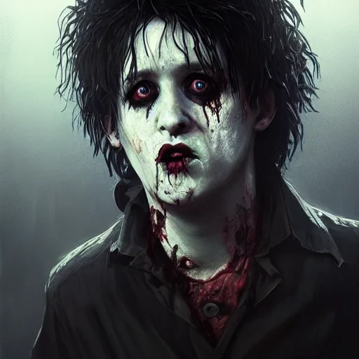 Prompt: portrait of young robert smith as a zombie, 7 days to die zombie, fine art, award winning, intricate, elegant, sharp focus, cinematic lighting, highly detailed, digital painting, 8 k concept art, art by guweiz and z. w. gu, masterpiece, trending on artstation, 8 k