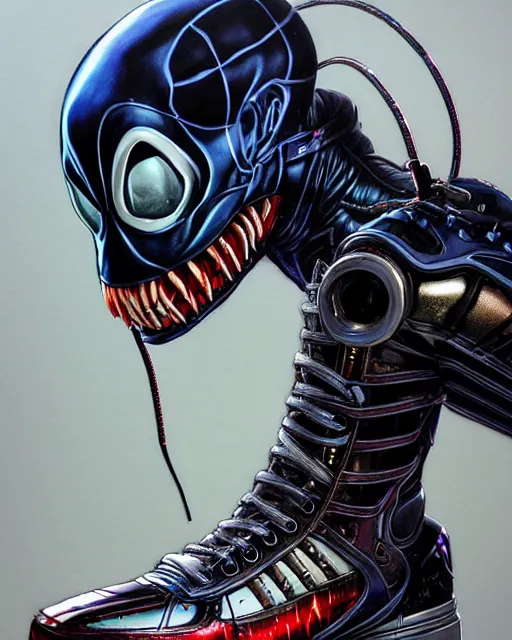 Prompt: an anthropomorphic cyberpunk futuristic sneaker of venom by sandra chevrier, by jon foster, detailed render, cybernetics, 4 k realistic, fender stratocaster, cryengine, realistic shaded lighting, sharp focus, masterpiece, by enki bilal