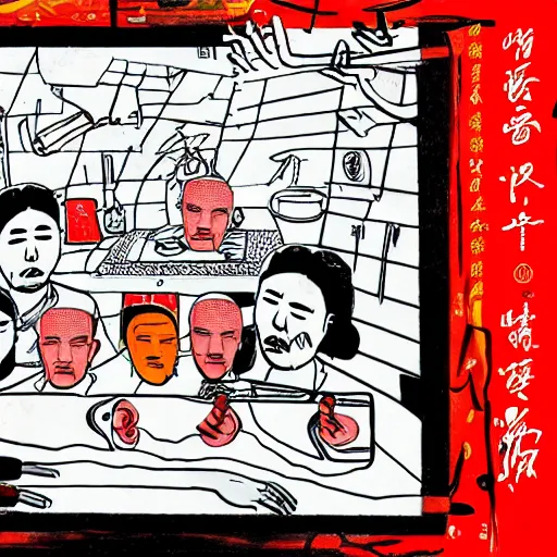 Image similar to chinese surgeons at an operating table, in the style of daniel johnston and outsider art, 8k, line brush, minimal, overlaid with chinese caligraphy