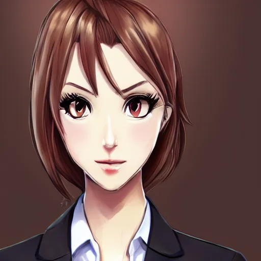 Image similar to woman in business suit, brown neat hair, animesque, pixiv, fanbox, trending on artstation, digital art, portrait, modern, sleek, highly detailed, formal, serious, determined, competent, colorized, smooth, charming, pretty, safe for work, law office