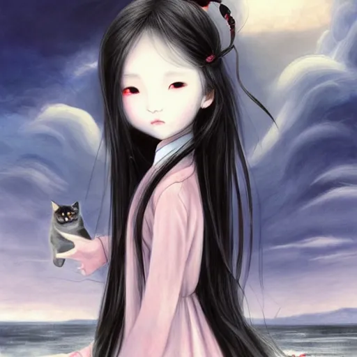 Image similar to style of Guo Hua ,young vampire and her black cat Portrait by Miho Hirano, full body , realistic, detailed, white, light pink tonalities, beautiful collage technique including clouds, sea, wind, ornate sea background, beautiful Fantasy detailed trending on artstation, oil painting,Dramatic lighting, eterea , high quality print, fine art with subtle redshift rendering