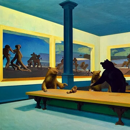 Image similar to painting, view from inside edward hopper's painting nighthawks, of a group of werebears inside a gallery, by magrirre, by neo rauch