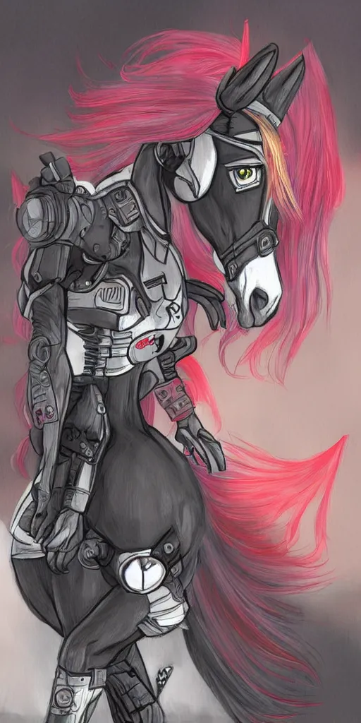 Image similar to Fallout Equestria Project Horizons | Blackjack Character Fanart | White MLP Unicorn Mare with red and black shaggy hair, and bright, robotic eyes. | Cutie Mark is: Ace and Queen of Spades | Trending on ArtStation, Digital Art, MLP Fanart, Fallout Fanart | Blackjack sitting and looking depressed at the viewer