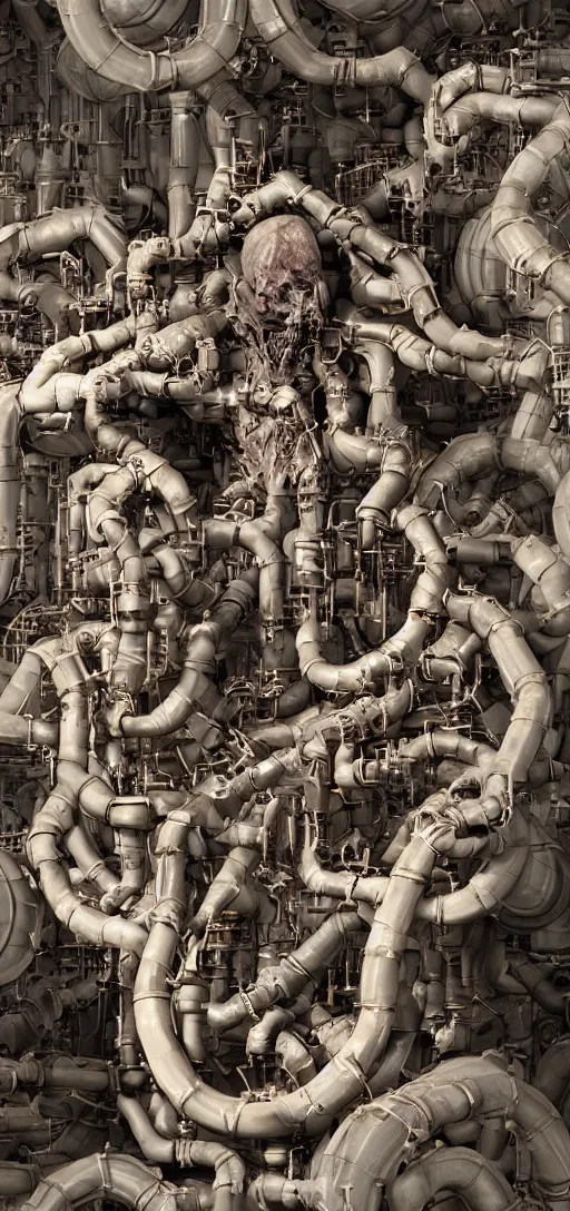 Image similar to a human dissolving into machinery and pipes