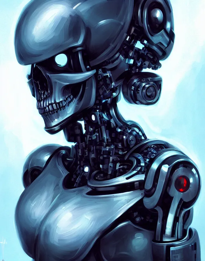 Image similar to skull - headed robot cyborg painting, illutstration, concept art, cyberpunk, futurism, comics art, artgerm, full body shot, wide angle