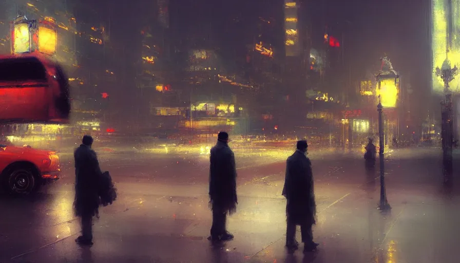 Image similar to a lonely man standing near a bus stop in a big city at night by craig mullins and ruan jia, atmospheric, vivid, masterpiece, bokeh