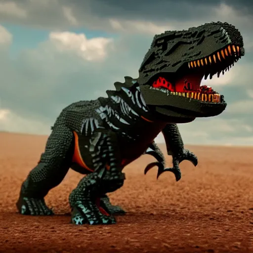 Image similar to photo of a T-Rex made of Lego, cinematic drama scene, scary 8k