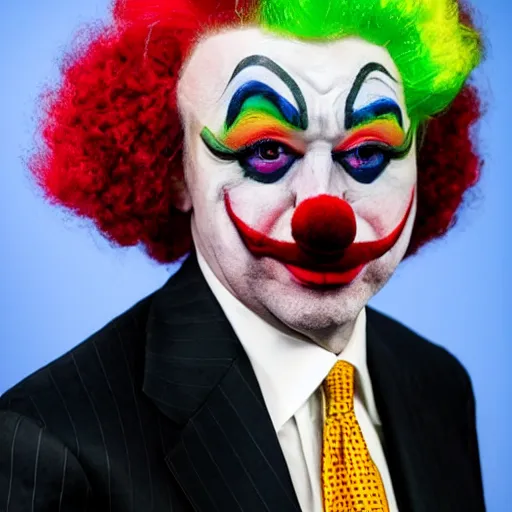 Image similar to Jerome Powell as a clown with clown wig and colorful clown makeup all over his face, award-winning, epic, cinematic