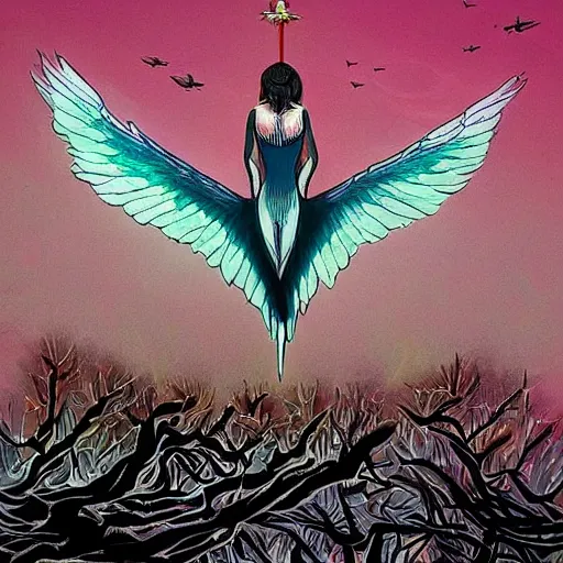 Prompt: A beautiful body art of a winged creature, possibly an angel, flying high above a group of people in a dark, wooded area. The creature's wings are spread wide and its head is turned upwards, as if it is looking towards the sky. The people below are looking up at the creature with a mixture of awe and fear. by Tomer Hanuka improvisational