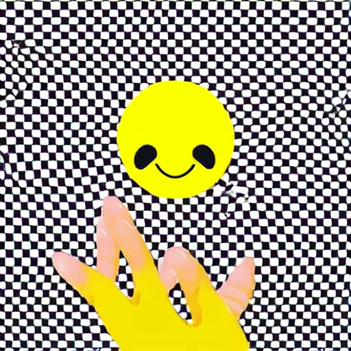 Prompt: smiling emoji. yellow. digital art. flat. thinking. grabbing chin.