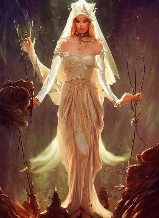 Image similar to tarot!!, fairy queen, fantasy medieval, no noise, elegant, concept art, sharp focus, beautiful face!!, digital art, smooth defined outlines!!, by Brom, trending on Artstation, Tom Bagshaw, Sargent